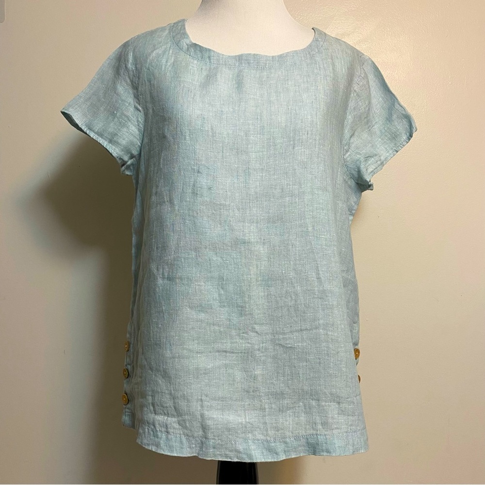 100% linen short sleeve top, light blue